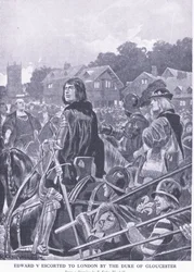 Eduardo V escoltado a Londres por el Duque de Gloucester, de Cassells History of the British People publicado por la Waverley Book Company Limited, c.1940